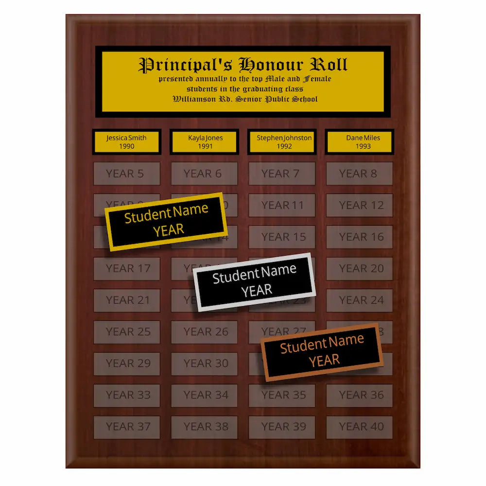 A photo of a multiplate Cherrywood Laminate plaque with 40 name plates, and a traditionally engraved header plate.