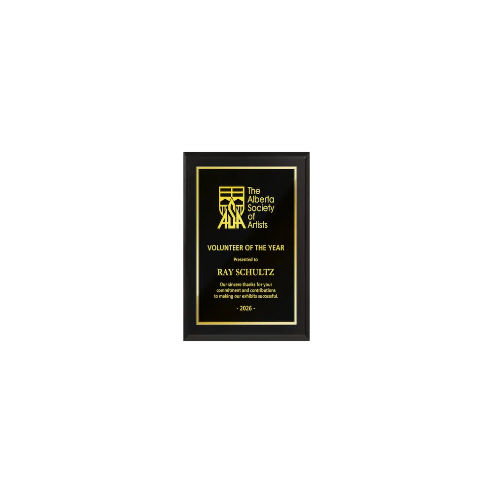 A photo of a Matte Black Laminate plaque with full traditional engraved plate.