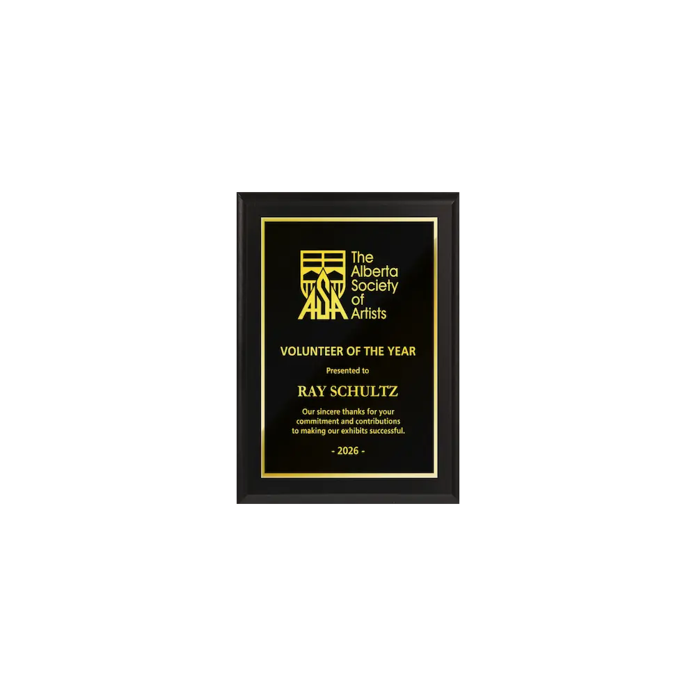 A photo of a Matte Black Laminate plaque with full traditional engraved plate.