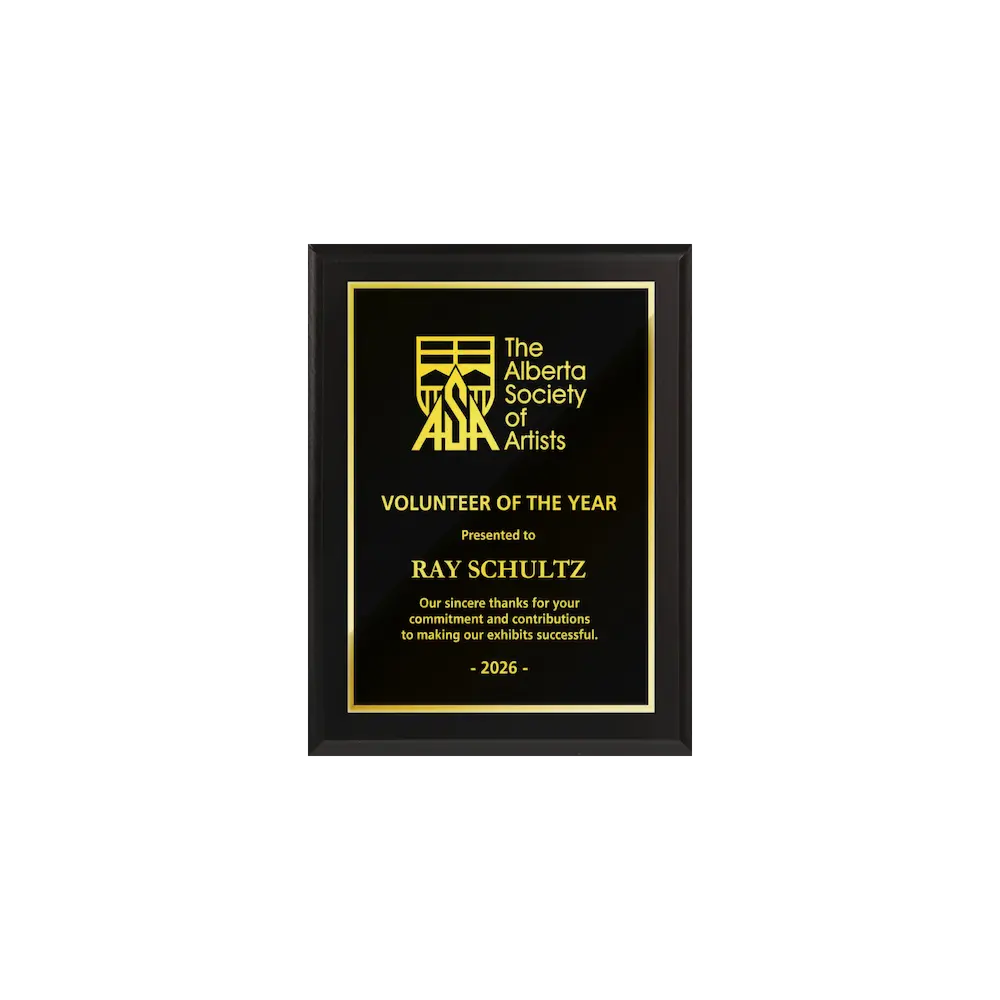 A photo of a Matte Black Laminate plaque with full traditional engraved plate.