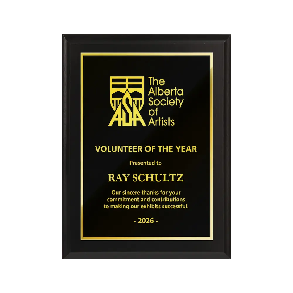 A photo of a Matte Black Laminate plaque with full traditional engraved plate.