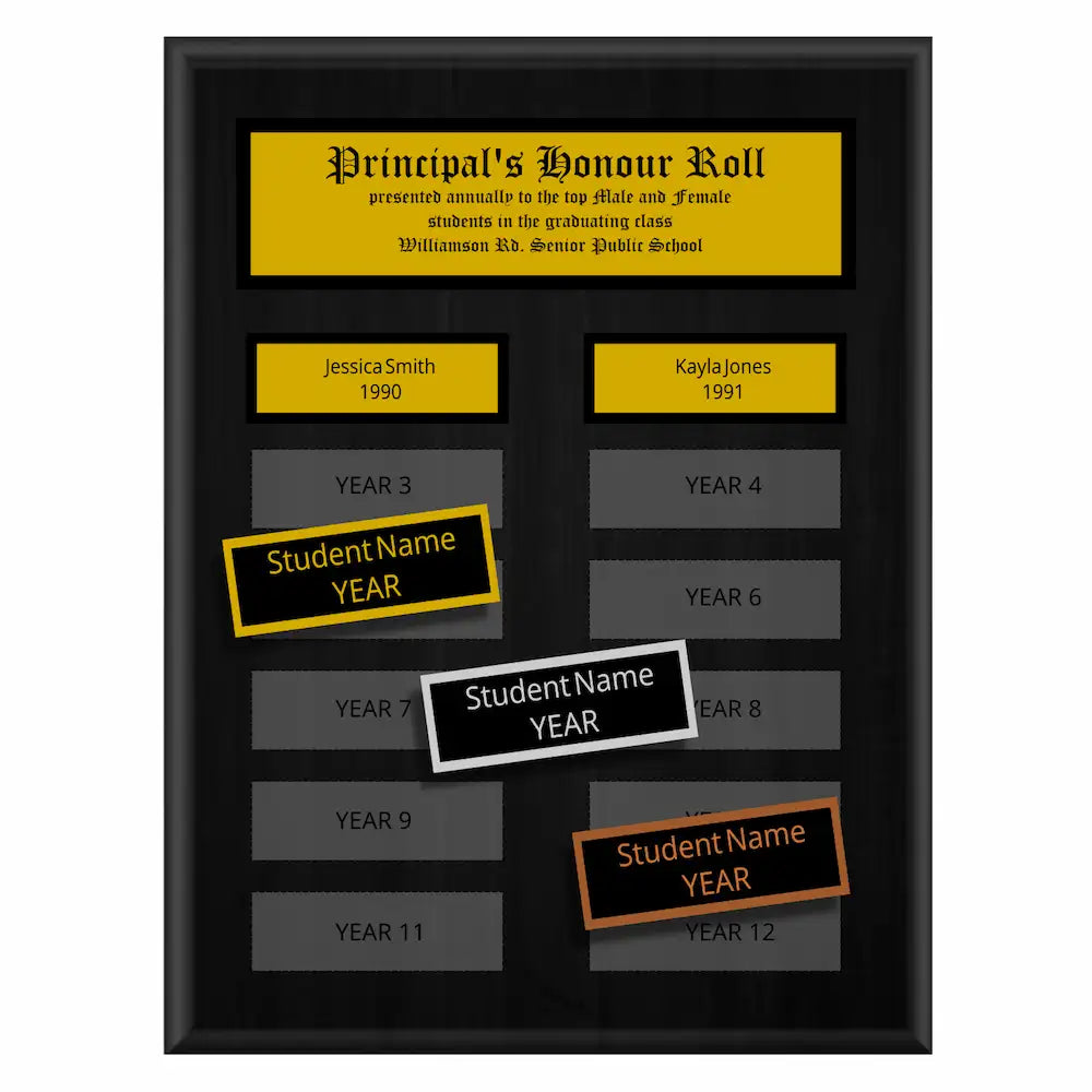 A photo of a multiplate Black Matte Laminate plaque with 12 name plates, and a traditionally engraved header plate.