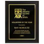 A photo of a Matte Black Laminate plaque with full traditional engraved plate.