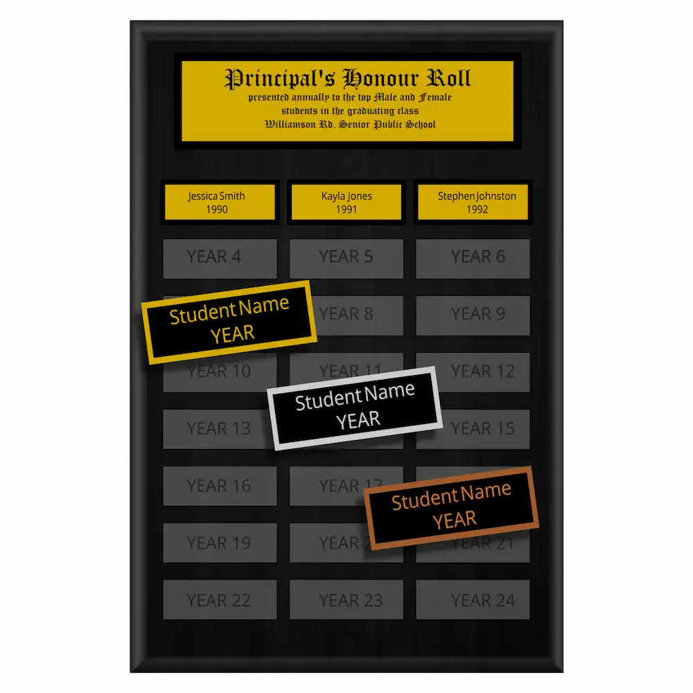 A photo of a multiplate Black Matte Laminate plaque with 24 name plates, and a traditionally engraved header plate.