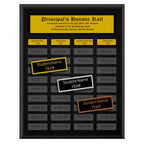 A photo of a multiplate Black Matte Laminate plaque with 40 name plates, and a traditionally engraved header plate.
