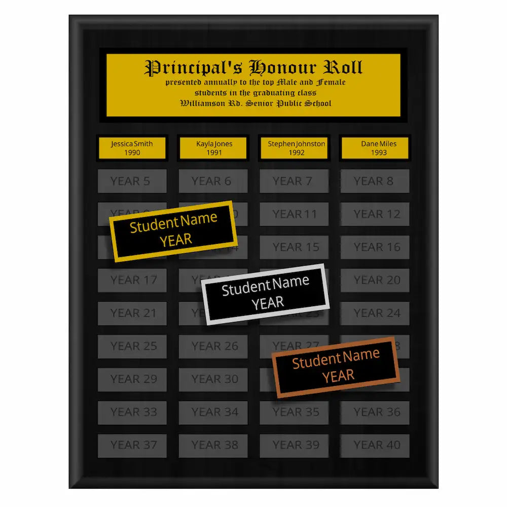 A photo of a multiplate Black Matte Laminate plaque with 40 name plates, and a traditionally engraved header plate.