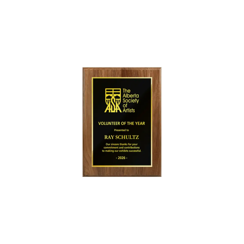 A photo of a solid wood traditional Walnut plaque with a full traditionally engraved plate.