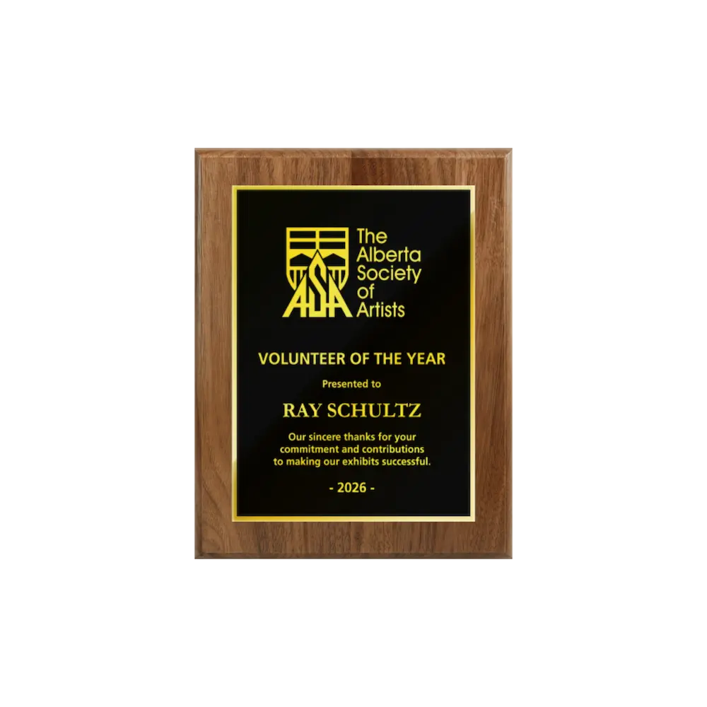 A photo of a solid wood traditional Walnut plaque with a full traditionally engraved plate.