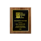 A photo of a solid wood traditional Walnut plaque with a full traditionally engraved plate.