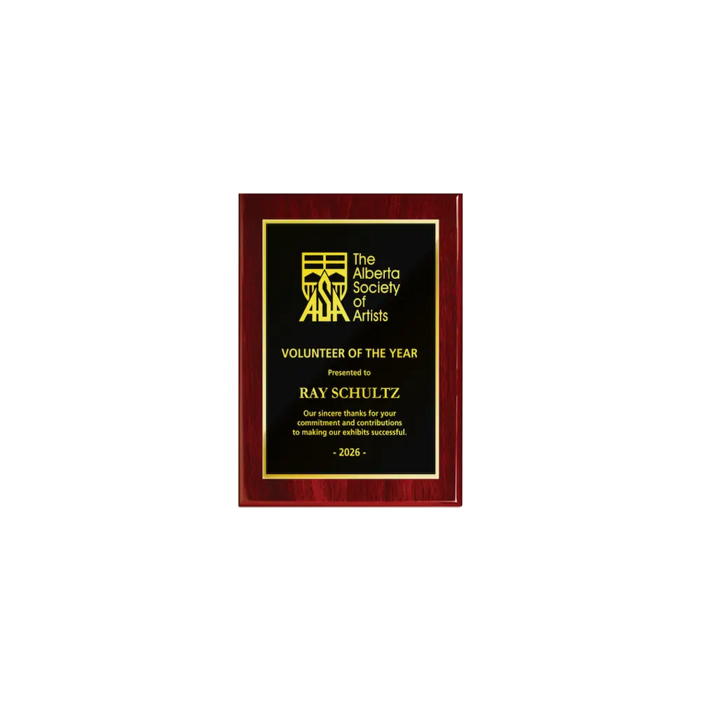 A photo of a Rosewood Piano Finish plaque with full traditional engraved plate.