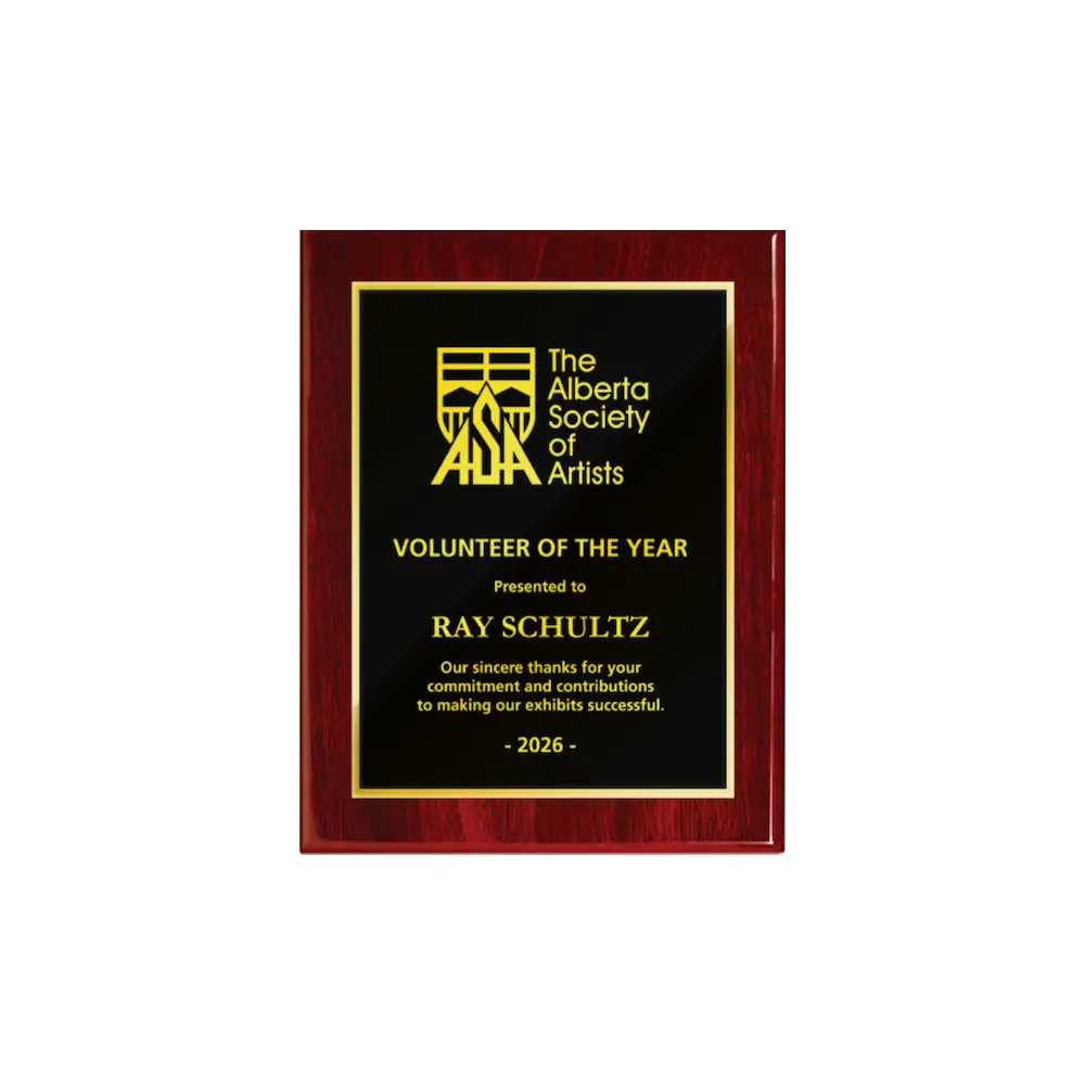 A photo of a Rosewood Piano Finish plaque with full traditional engraved plate.
