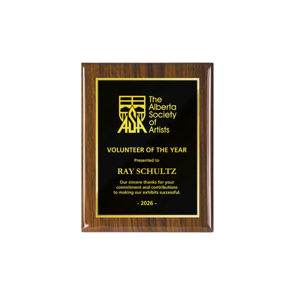 A photo of a Walnut Piano Finish plaque with full traditional engraved plate.
