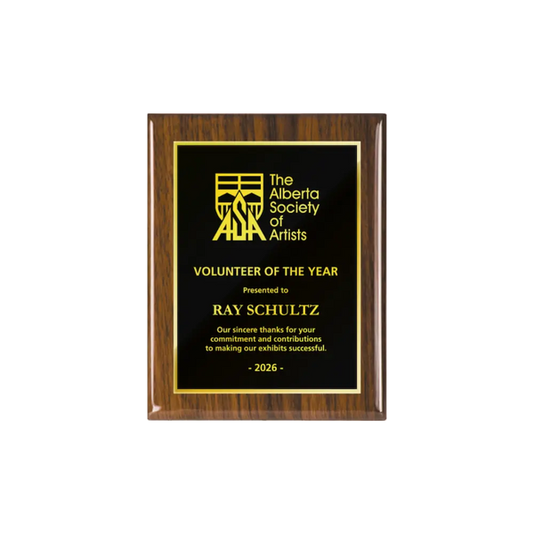 A photo of a Walnut Piano Finish plaque with full traditional engraved plate.