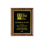 A photo of a Walnut Piano Finish plaque with full traditional engraved plate.