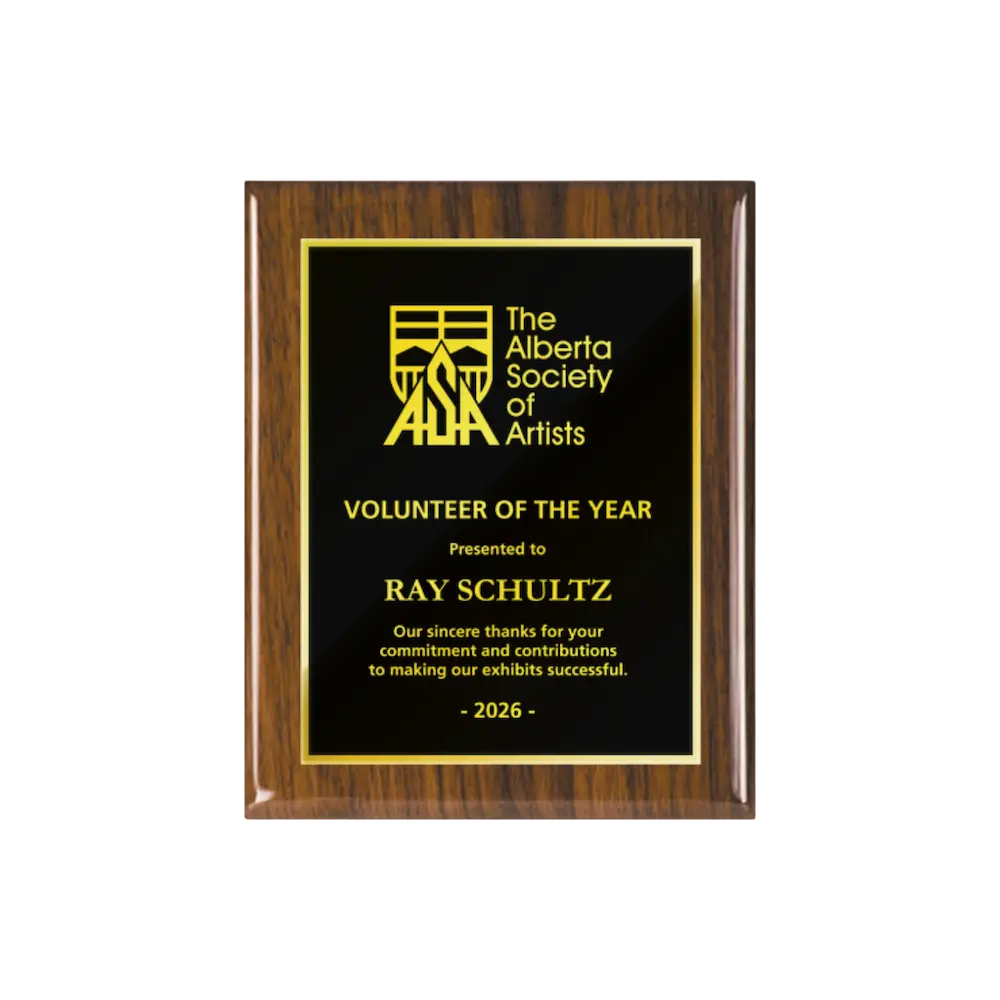 A photo of a Walnut Piano Finish plaque with full traditional engraved plate.
