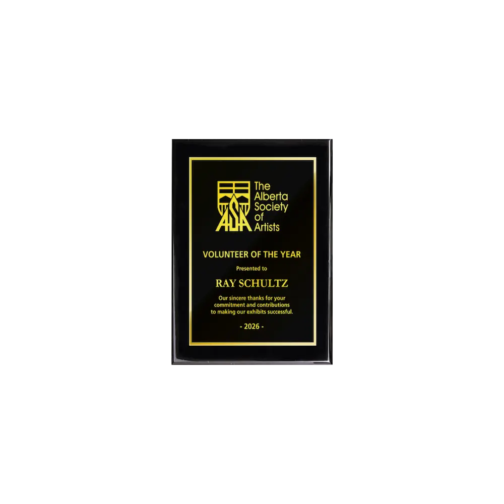 A photo of a Black Piano Finish plaque with full traditionally engraved plate.