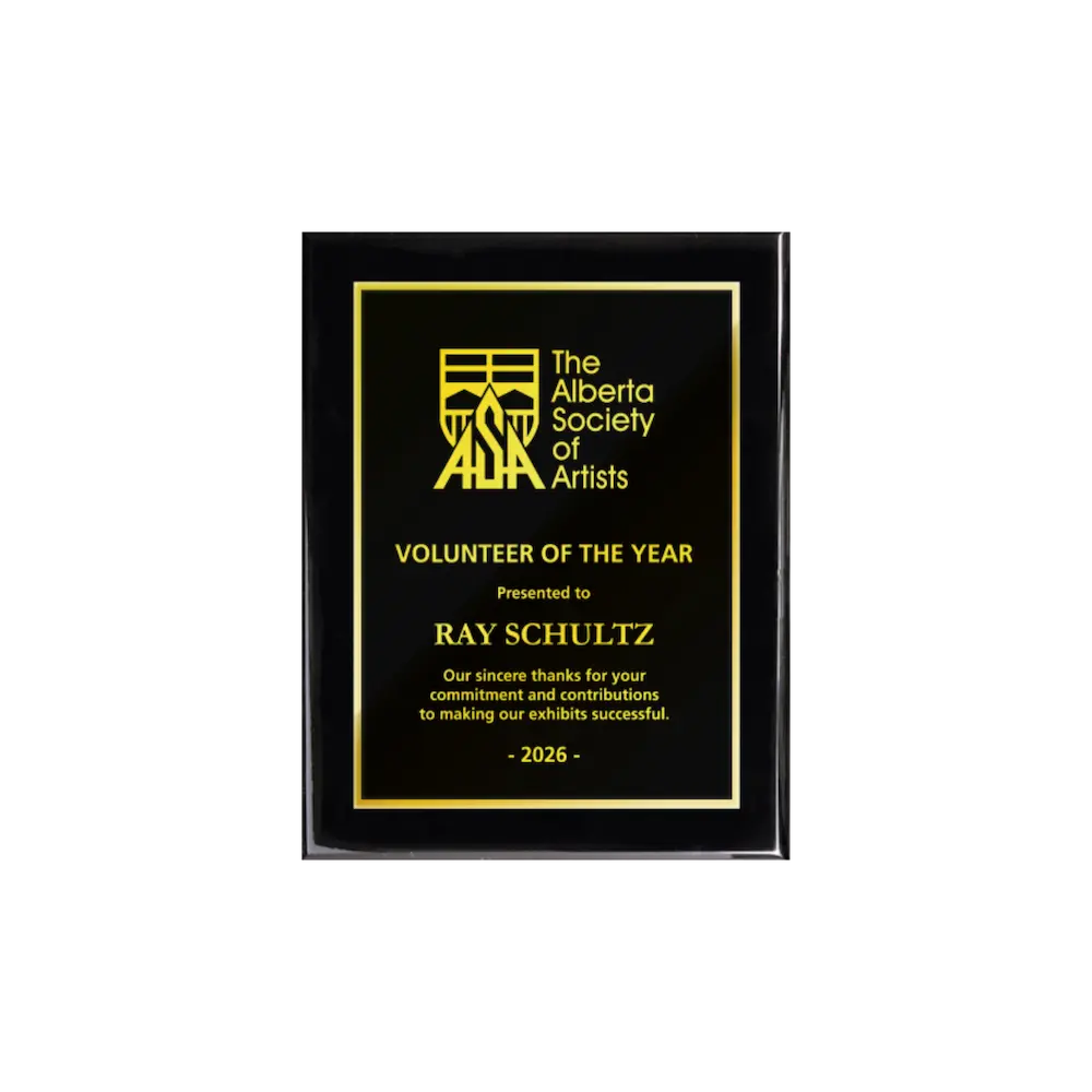 A photo of a Black Piano Finish plaque with full traditional engraved plate.