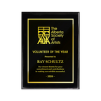 A photo of a Black Piano Finish plaque with full traditional engraved plate.