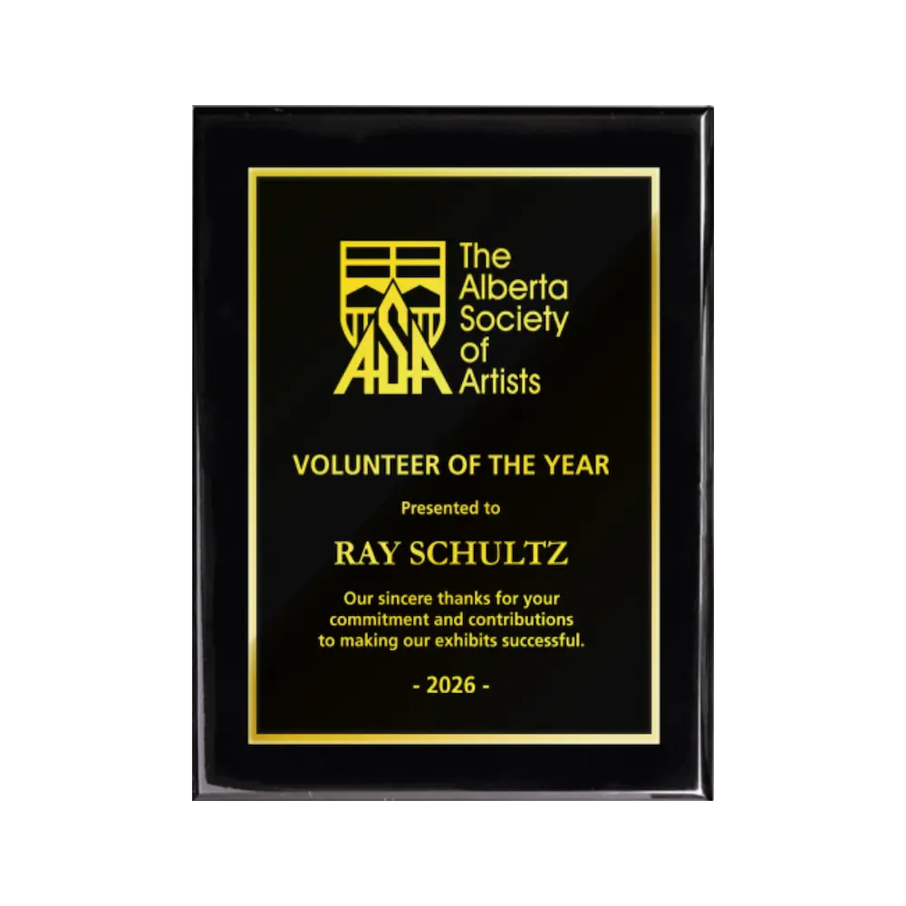 A photo of a Black Piano Finish plaque with full traditional engraved plate.