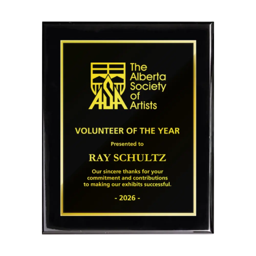 A photo of a Black Piano Finish plaque with full traditional engraved plate.