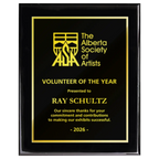 A photo of a Black Piano Finish plaque with full traditional engraved plate.