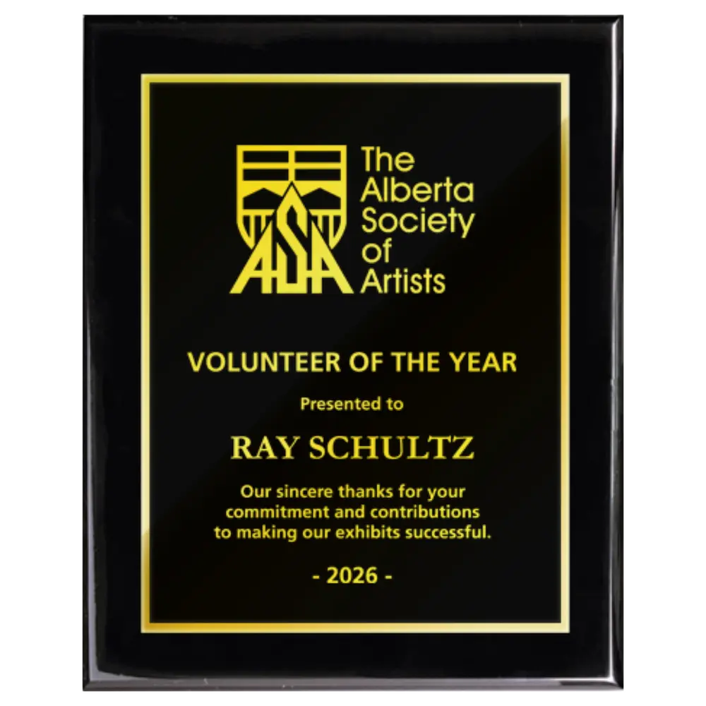 A photo of a Black Piano Finish plaque with full traditional engraved plate.
