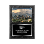 An image of a Black Marble finish rectangular photo plaque with a traditionally engraved plate on the bottom-half and a photo holder on the top-half.