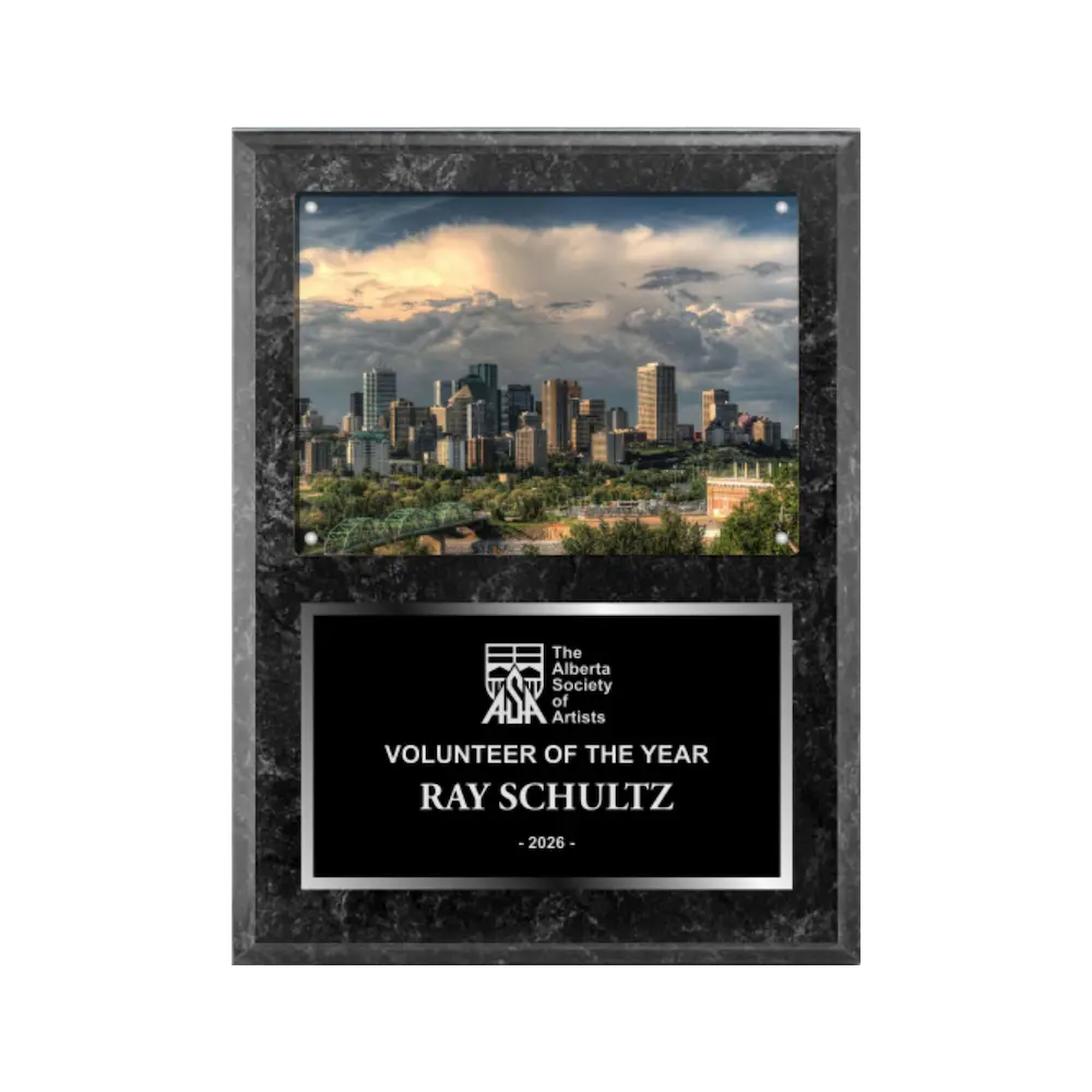 An image of a Black Marble finish rectangular photo plaque with a traditionally engraved plate on the bottom-half and a photo holder on the top-half.