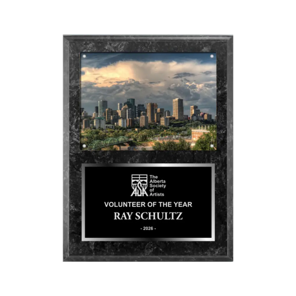 An image of a Black Marble finish rectangular photo plaque with a traditionally engraved plate on the bottom-half and a photo holder on the top-half.