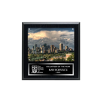 An image of a Plain Black finish square photo plaque with a traditionally engraved plate on the bottom-half and a photo holder on the top-half.