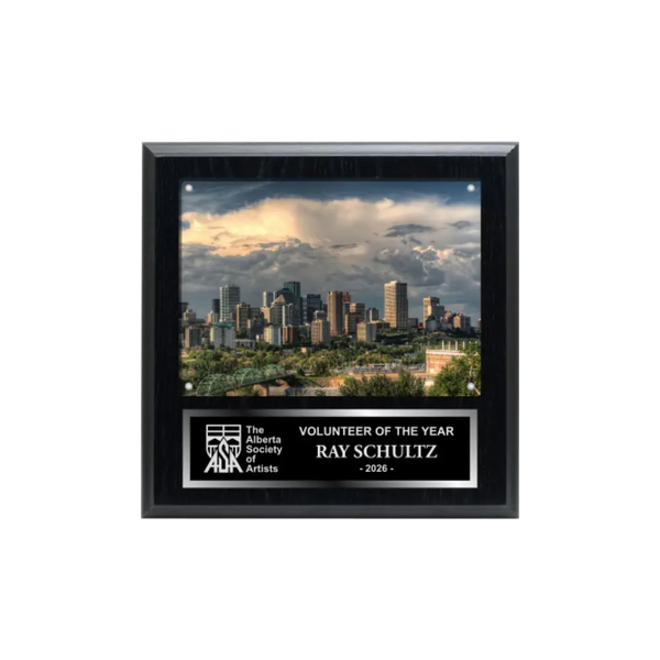 An image of a Plain Black finish square photo plaque with a traditionally engraved plate on the bottom-half and a photo holder on the top-half.