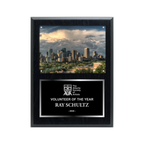 An image of a Plain Black finish rectangular photo plaque with a traditionally engraved plate on the bottom-half and a photo holder on the top-half.