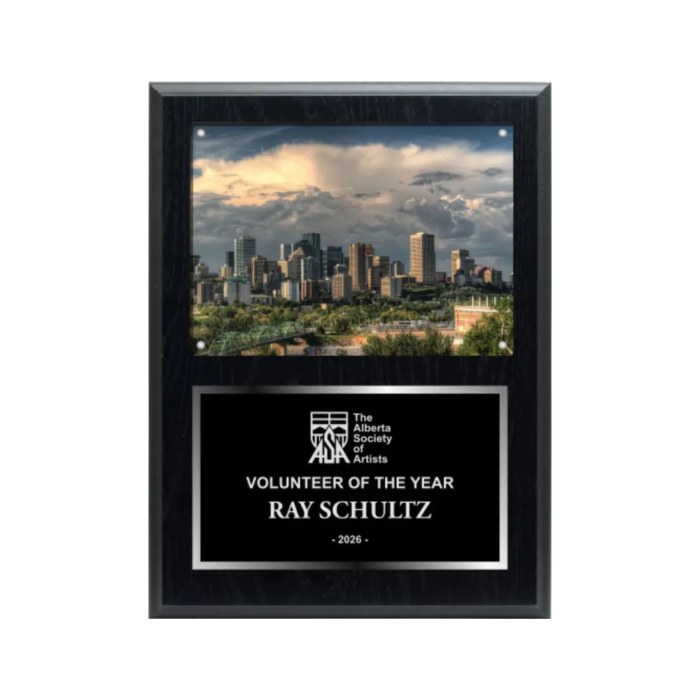 An image of a Plain Black finish rectangular photo plaque with a traditionally engraved plate on the bottom-half and a photo holder on the top-half.