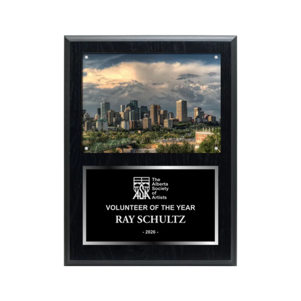 An image of a Plain Black finish rectangular photo plaque with a traditionally engraved plate on the bottom-half and a photo holder on the top-half.
