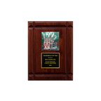 A photo of a solid wood Deep Groove Walnut plaque with a full-coloured plate on the top-half and traditional engraved plate on the bottom-half.
