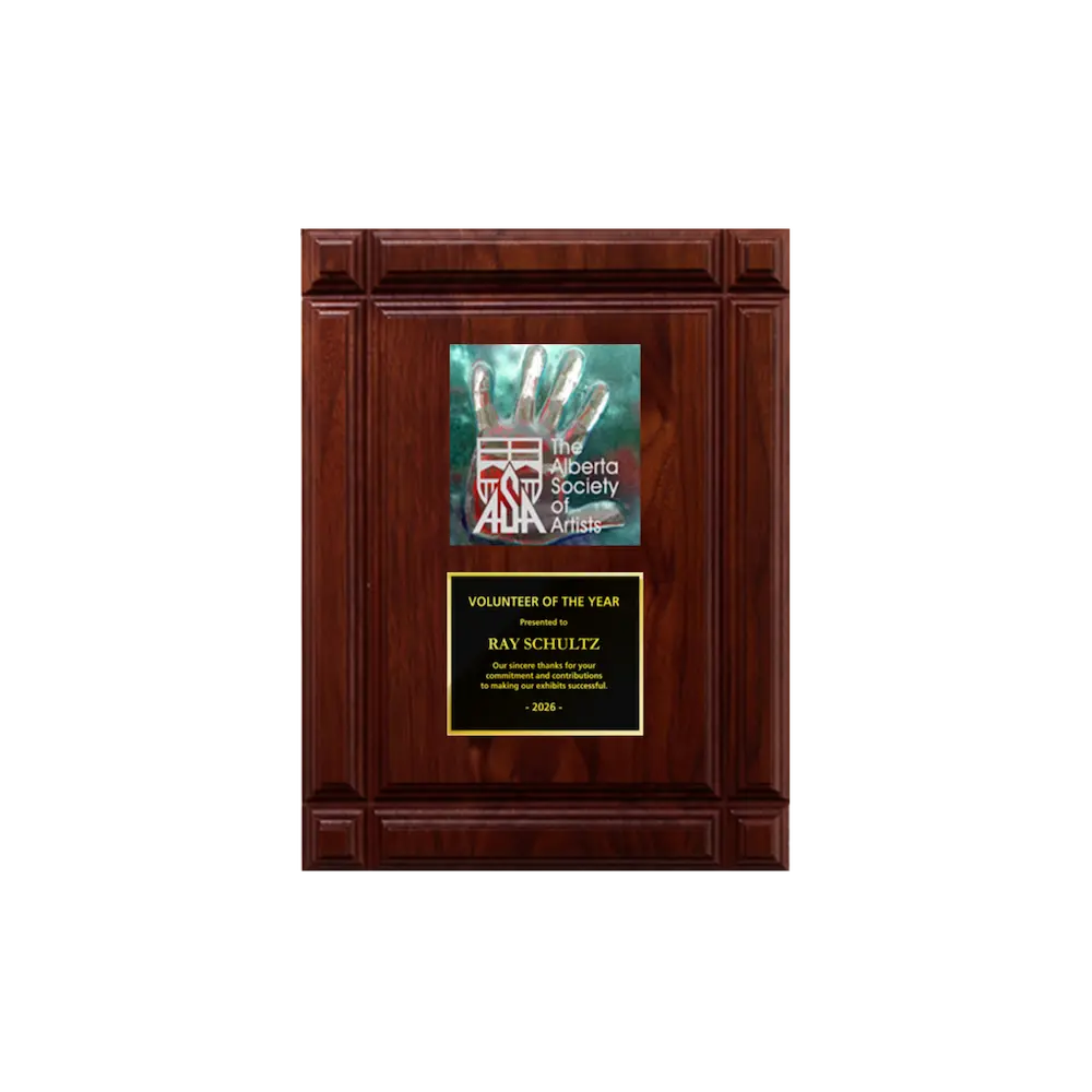 A photo of a solid wood Deep Groove Walnut plaque with a full-coloured plate on the top-half and traditional engraved plate on the bottom-half.