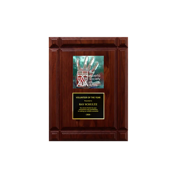 A photo of a solid wood Deep Groove Walnut plaque with a full-coloured plate on the top-half and traditional engraved plate on the bottom-half.