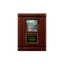 A photo of a solid wood Deep Groove Walnut plaque with a full-coloured plate on the top-half and traditional engraved plate on the bottom-half.
