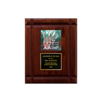 A photo of a solid wood Deep Groove Walnut plaque with a full-coloured plate on the top-half and traditional engraved plate on the bottom-half.