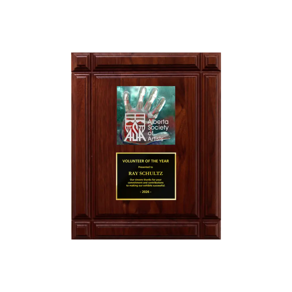 A photo of a solid wood Deep Groove Walnut plaque with a full-coloured plate on the top-half and traditional engraved plate on the bottom-half.