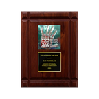 A photo of a solid wood Deep Groove Walnut plaque with a full-coloured plate on the top-half and traditional engraved plate on the bottom-half.