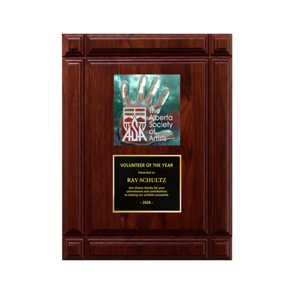 A photo of a solid wood Deep Groove Walnut plaque with a full-coloured plate on the top-half and traditional engraved plate on the bottom-half.