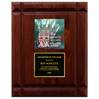 A photo of a solid wood Deep Groove Walnut plaque with a full-coloured plate on the top-half and traditional engraved plate on the bottom-half.