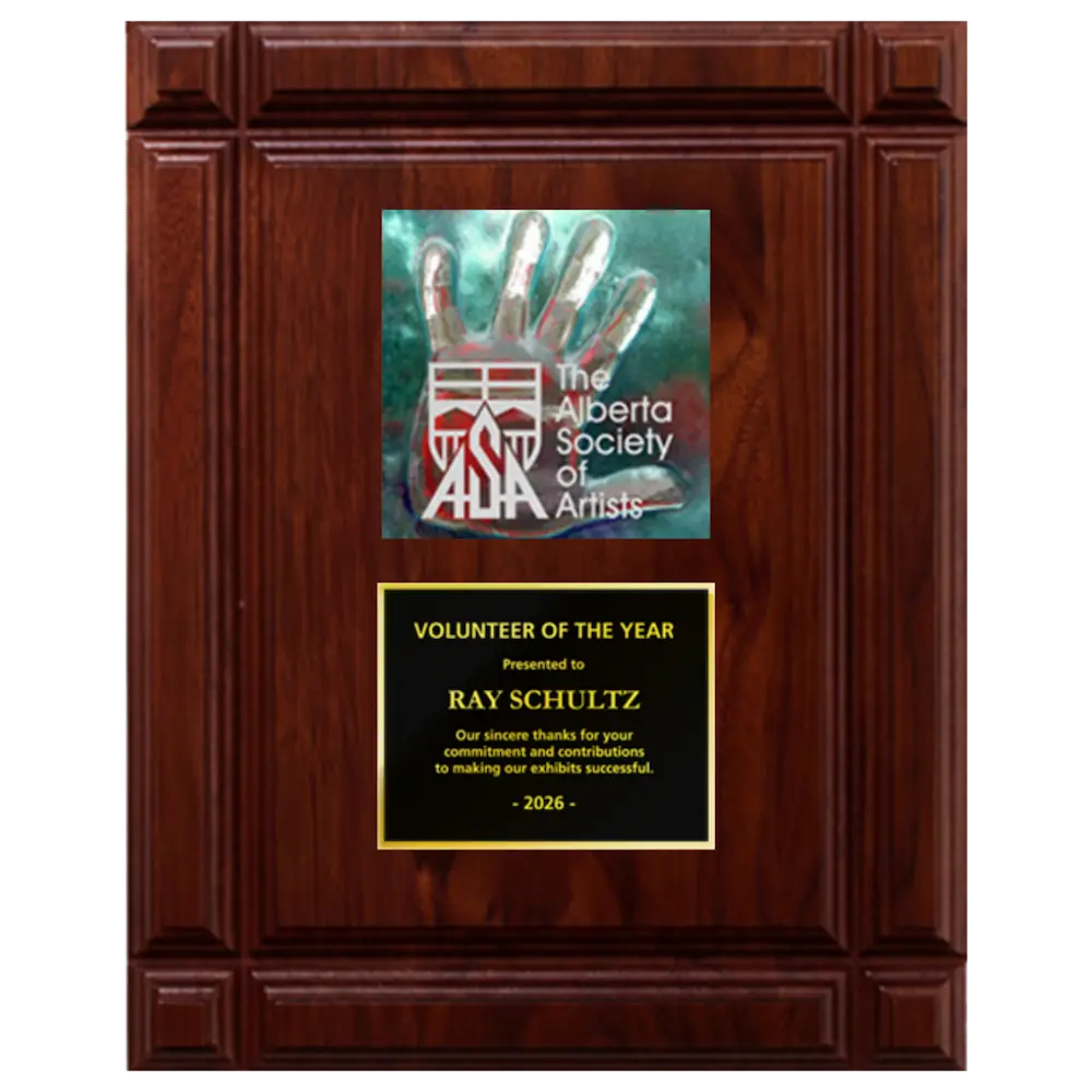 A photo of a solid wood Deep Groove Walnut plaque with a full-coloured plate on the top-half and traditional engraved plate on the bottom-half.