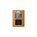 A photo of a Light Oak Laminate plaque with a full-coloured plate on the top-half and traditional engraved plate on the bottom-half.