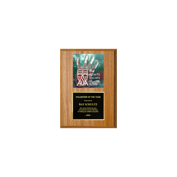 A photo of a Light Oak Laminate plaque with a full-coloured plate on the top-half and traditional engraved plate on the bottom-half.