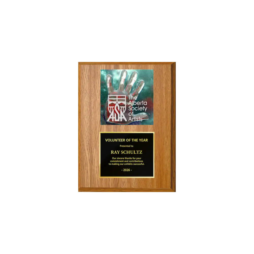 A photo of a Light Oak Laminate plaque with a full-coloured plate on the top-half and traditional engraved plate on the bottom-half.