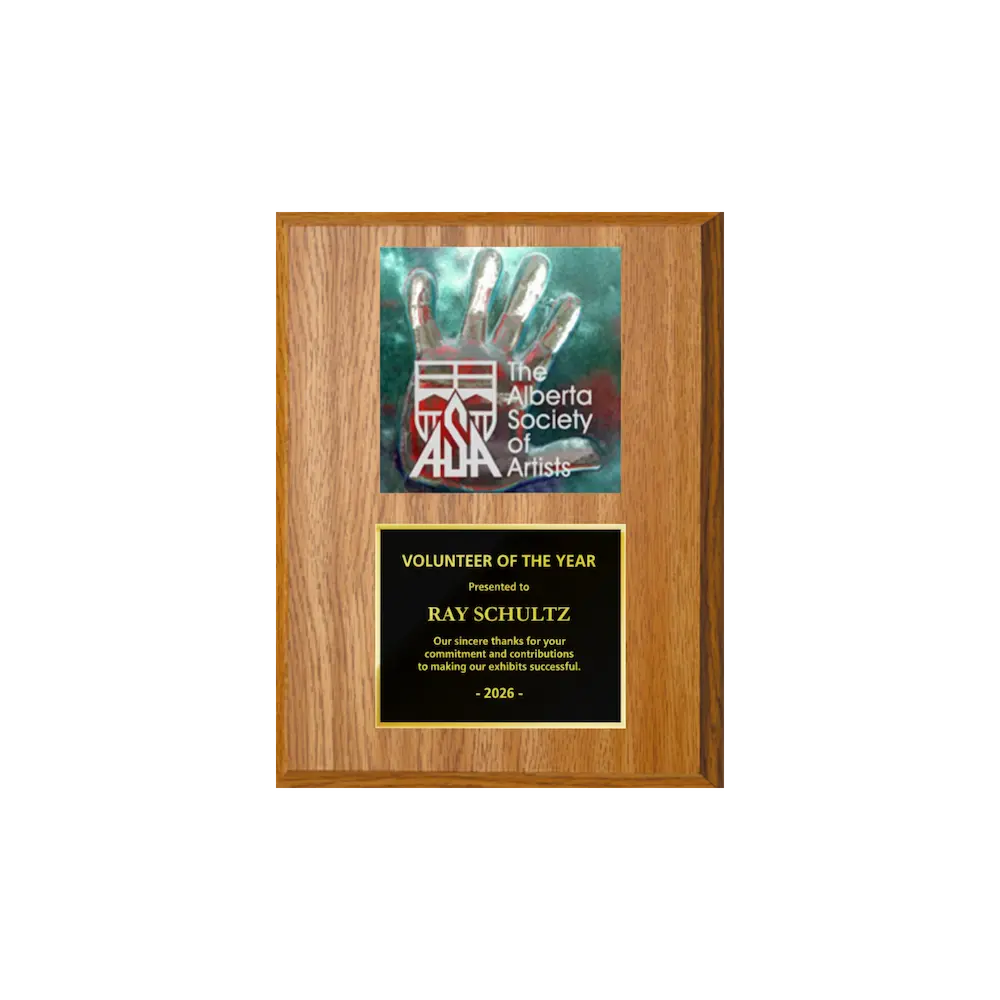 A photo of a Light Oak Laminate plaque with a full-coloured plate on the top-half and traditional engraved plate on the bottom-half.