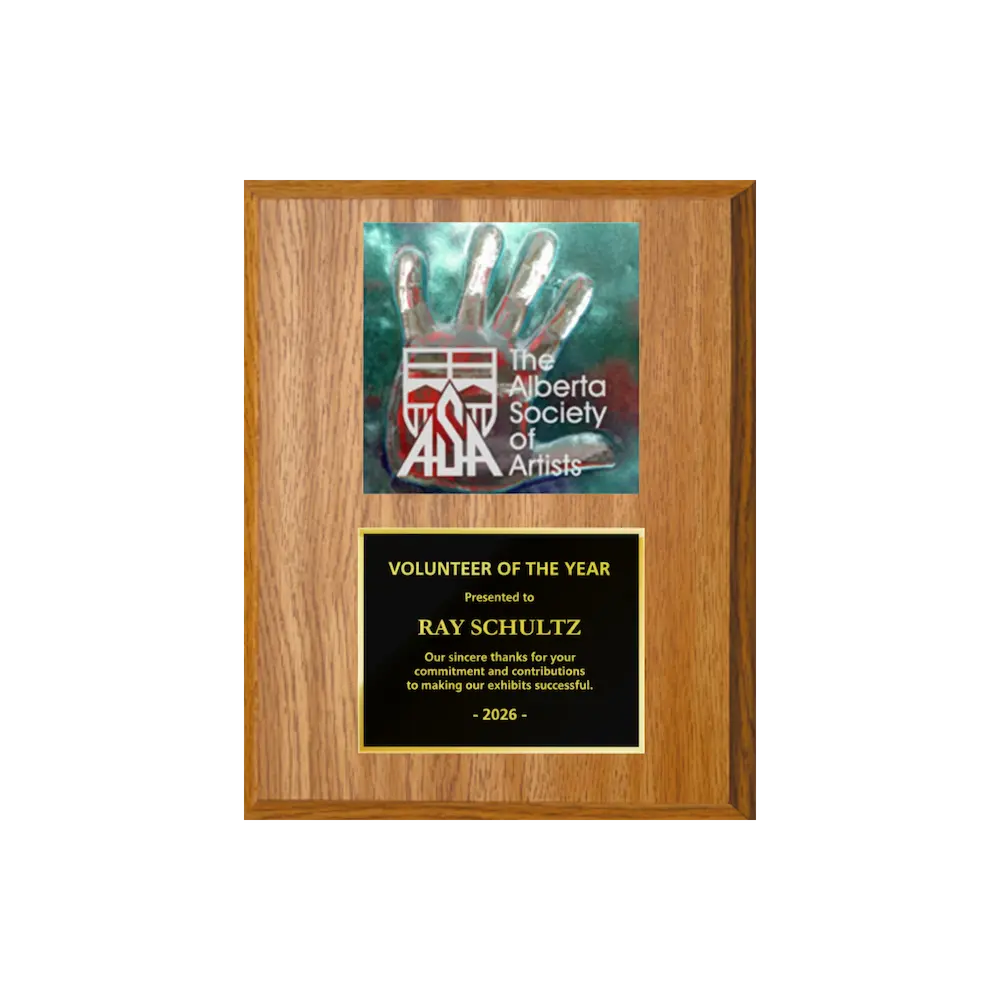 A photo of a Light Oak Laminate plaque with a full-coloured plate on the top-half and traditional engraved plate on the bottom-half.