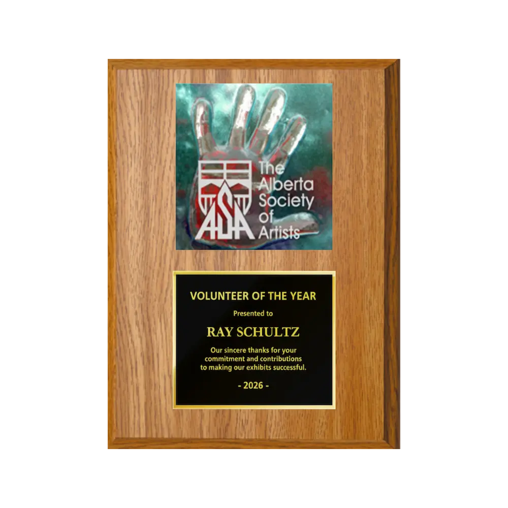 A photo of a Light Oak Laminate plaque with a full-coloured plate on the top-half and traditional engraved plate on the bottom-half.